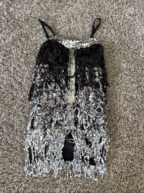 Sequin Fringe Leotard Costume in Black and Silver